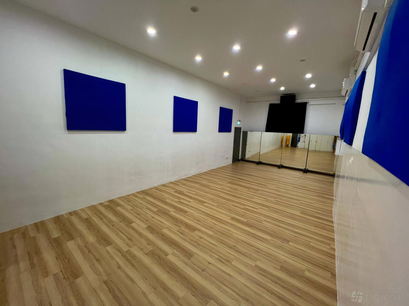 A dance studio with wood flooring, mirrored wall, and blue acoustic panels at Evolve Arts.