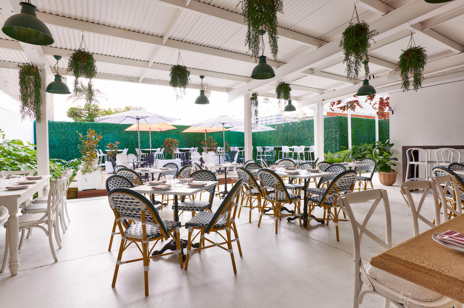 A garden terrace with woven chairs, hanging plants, and outdoor umbrellas at barmilano.