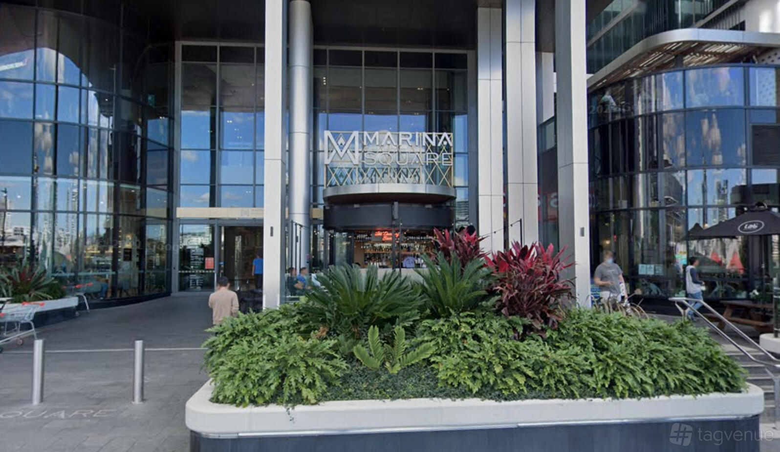 A bar entrance with a glass facade and lush green landscaping at The Dancing Bear.