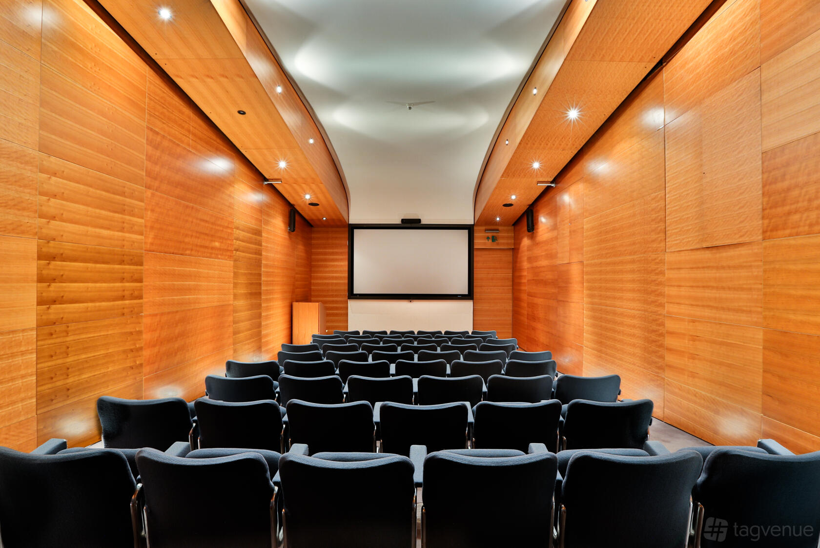 A screening room with tiered black seating, wood-paneled walls, and a large projection screen at Somerset House.
