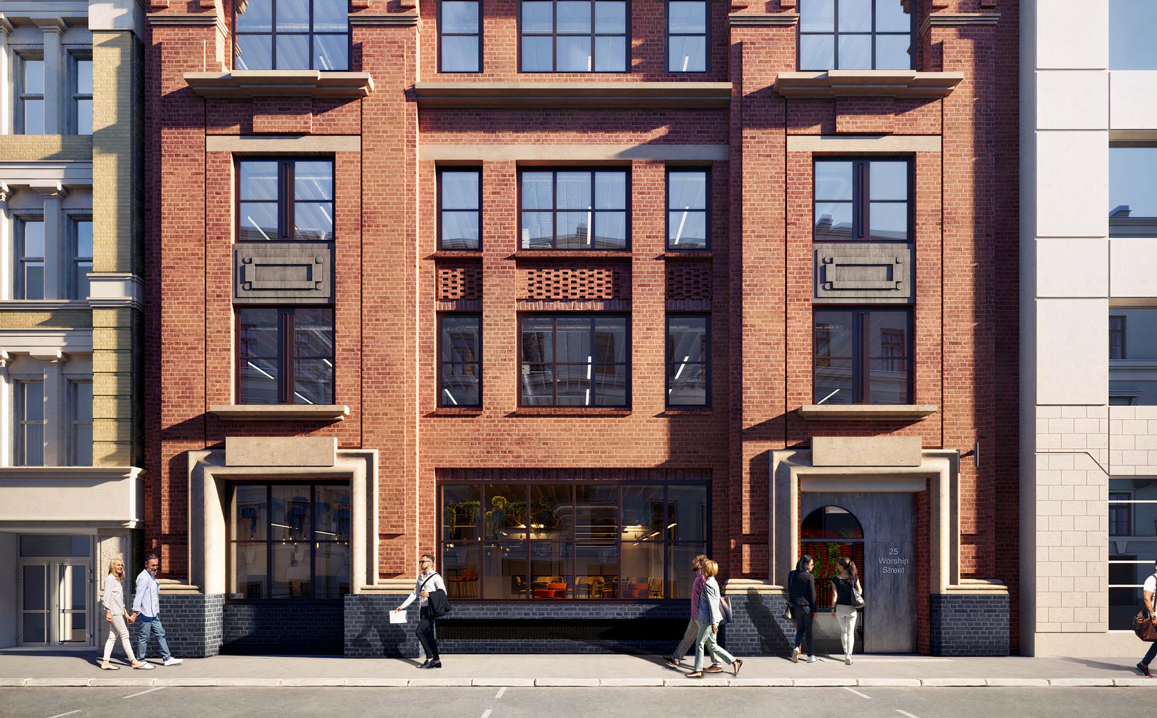 A versatile event space with a red brick facade and large street-facing windows at Techspace Worship Street.