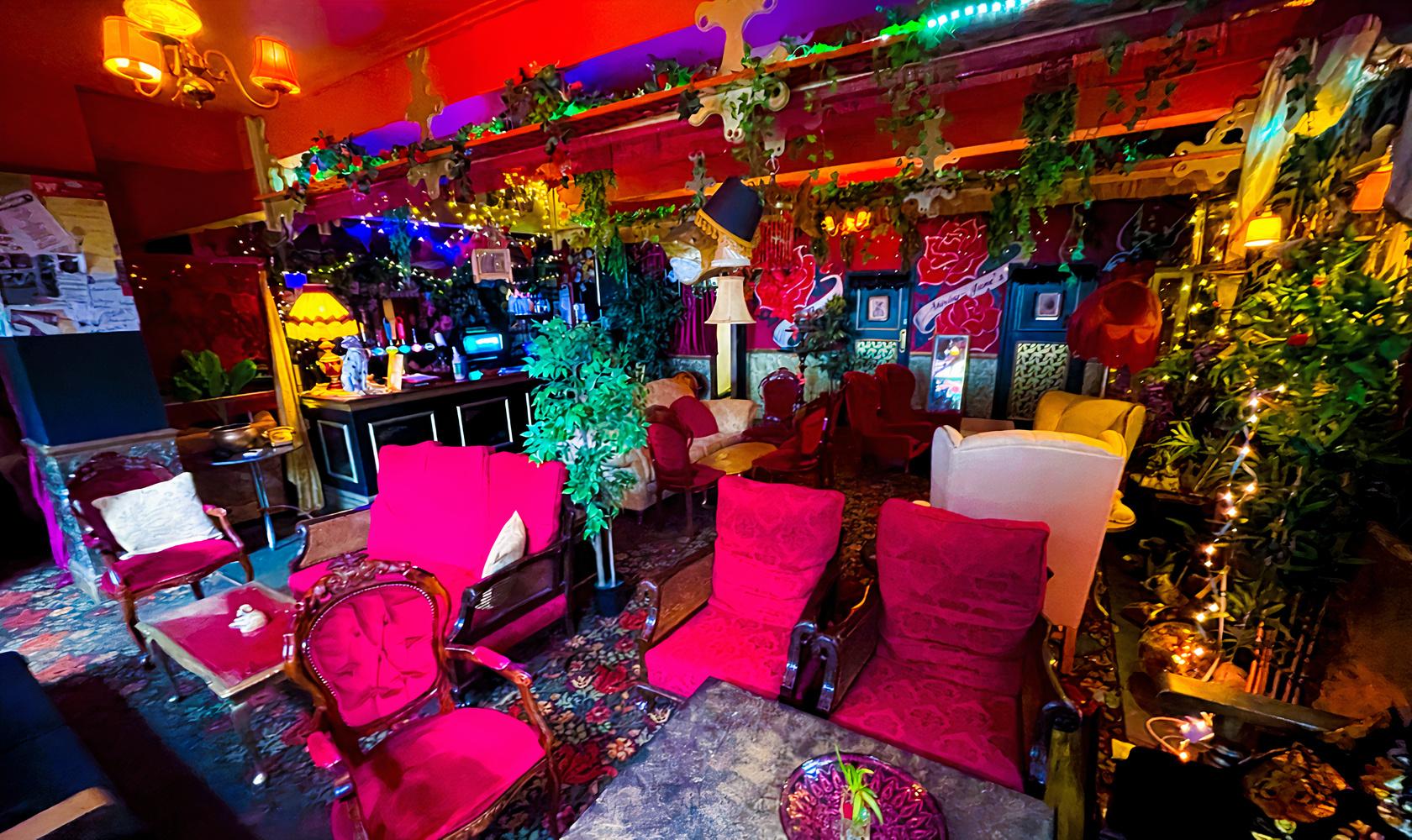 A pub with red velvet chairs, patterned rugs, hanging greenery, and colorful lighting at The Cavendish Arms.