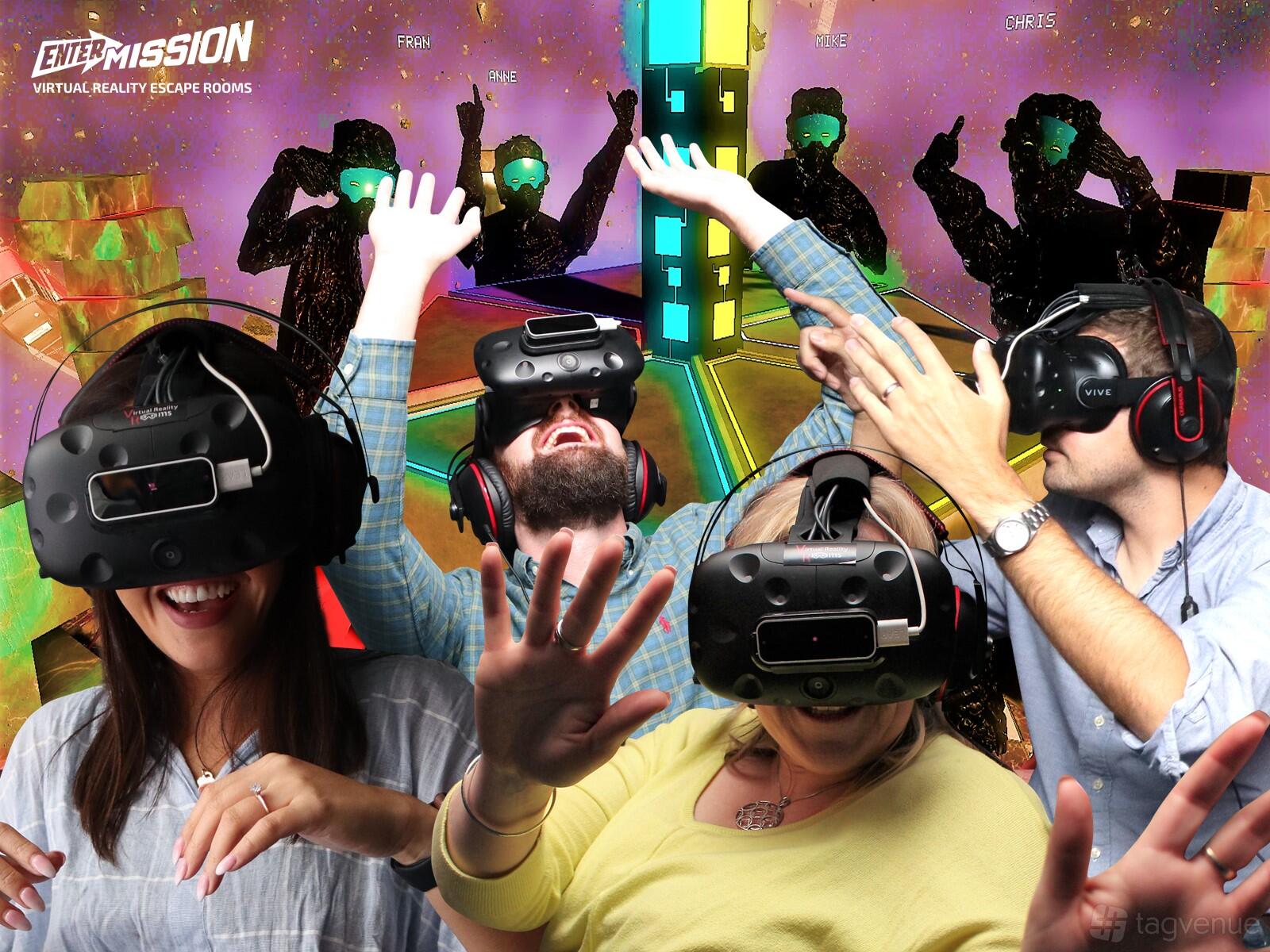 An event venue with guests wearing VR headsets and headphones in a colorful, immersive digital environment at Entermission Sydney.