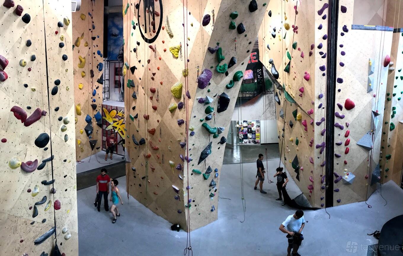 An event venue with tall indoor rock climbing walls, colorful holds, and open climbing areas at Brooklyn Boulders Queensbridge.