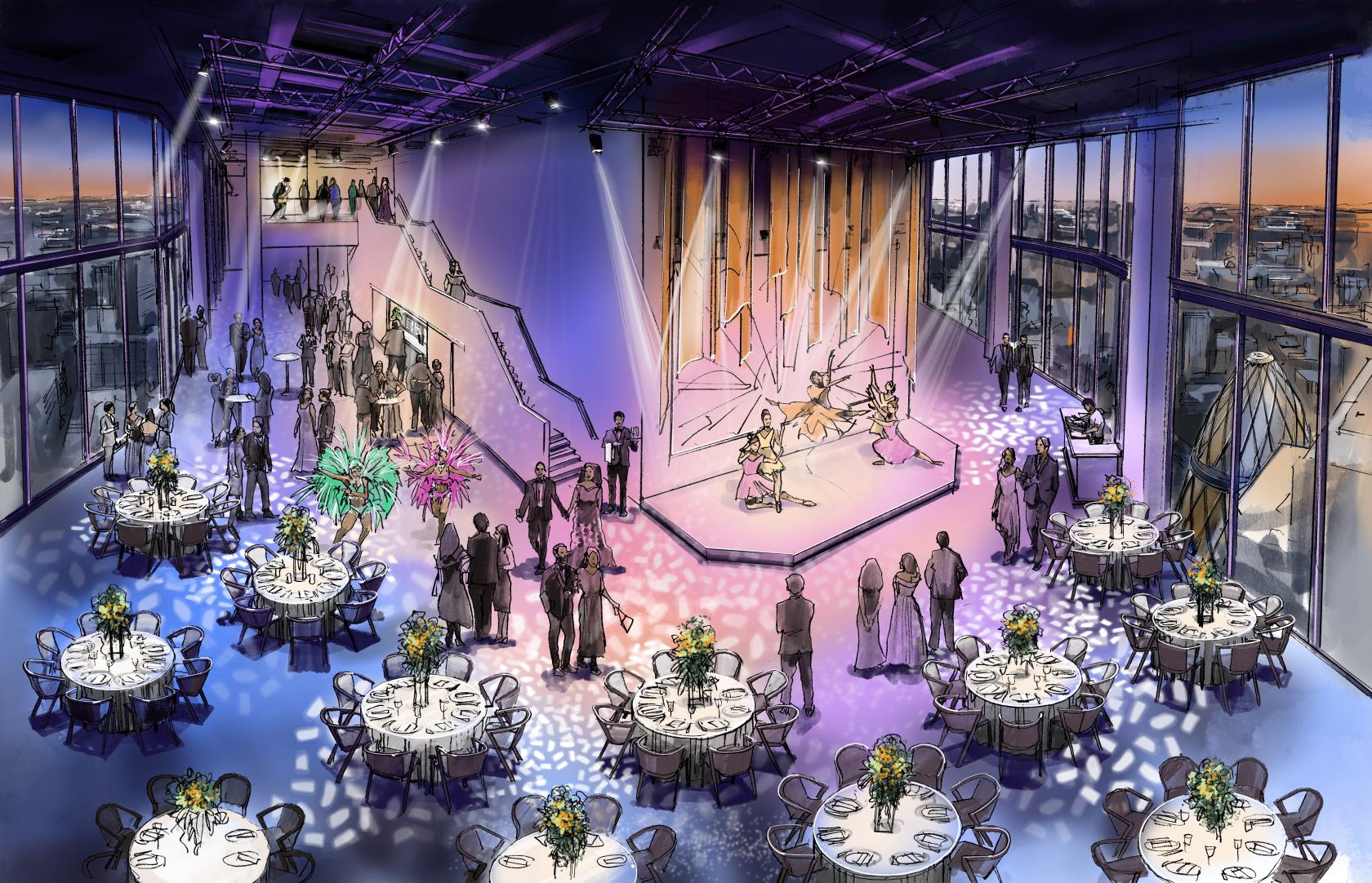 An event venue with floor-to-ceiling windows, elegant round tables, and a stage at Horizon 22 Events - Exclusive Hire.