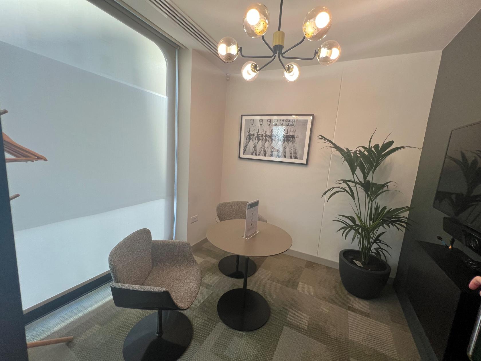 A meeting room with a round table, two upholstered chairs, a large potted plant, and modern chandelier lighting at Phoenix House.