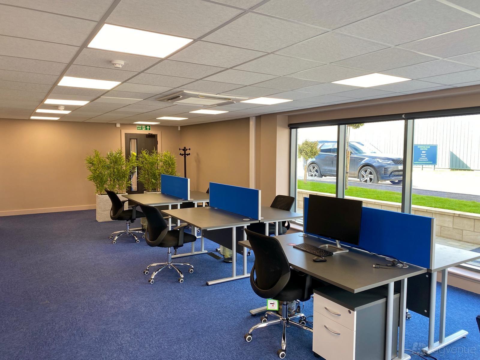 An office space with windows, blue carpet, shared desks with dividers, and ergonomic chairs at Enterprise House.