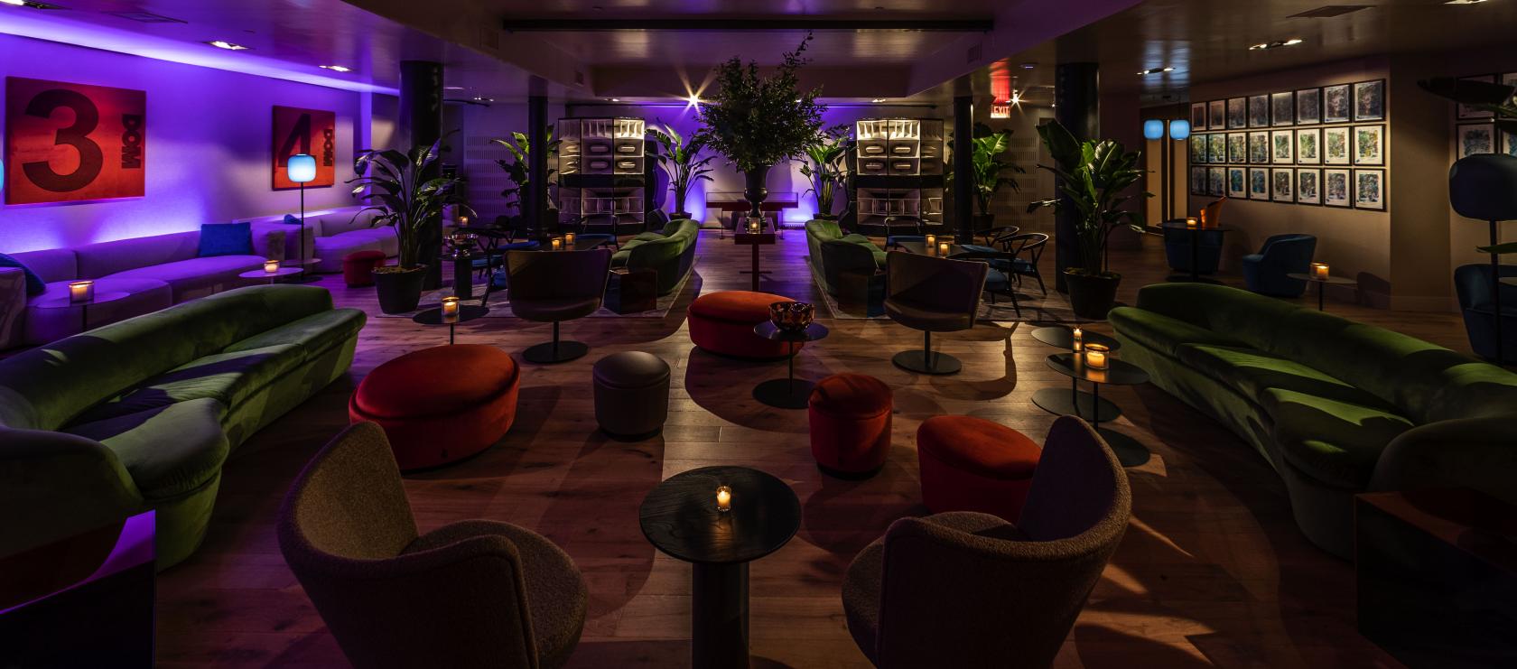A bar with cozy lounge seating, low tables, potted plants, and warm mood lighting at The DOM.