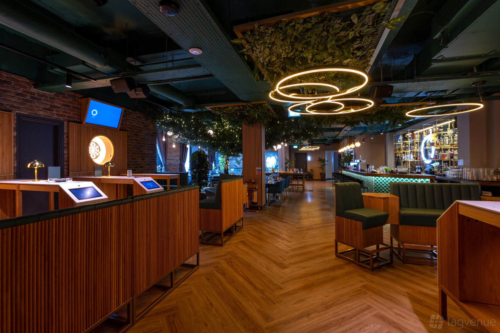 A bar with wood flooring, illuminated ring ceiling lights, a long counter, and greenery overhead at Oche.