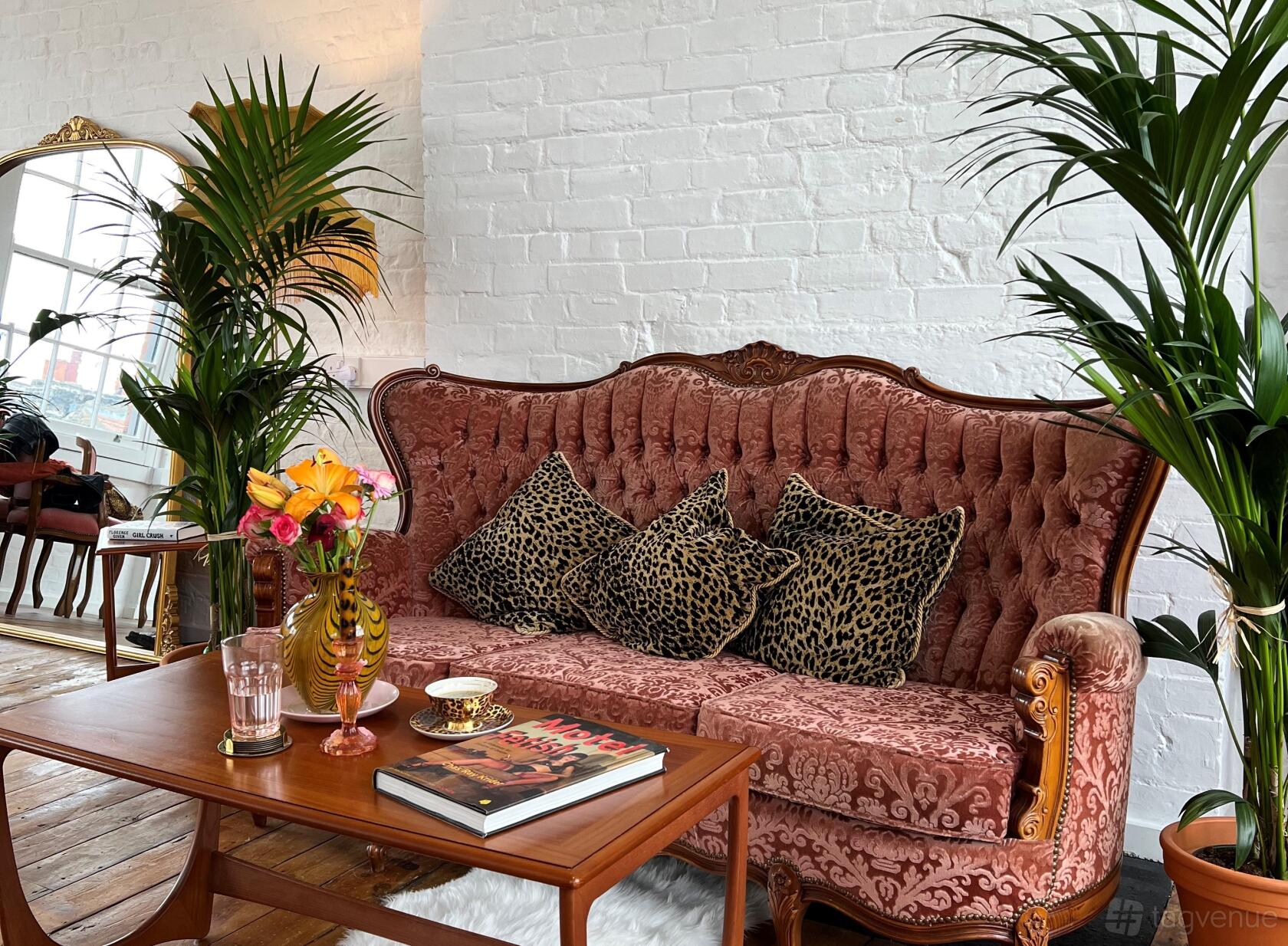 A photo studio with a vintage pink velvet sofa, leopard print pillows, indoor plants, and a wooden coffee table at Furnished Natural Light Studio.