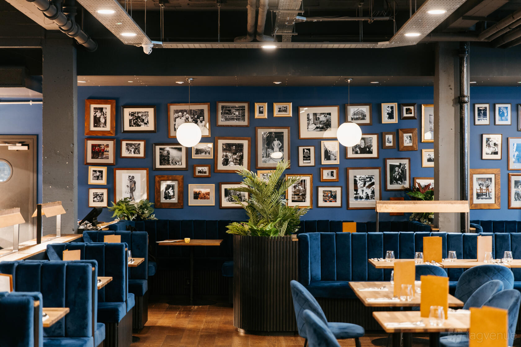 A restaurant with blue velvet booth seating, wood tables, globe pendant lights, and a gallery wall at Studio Five Restaurant.