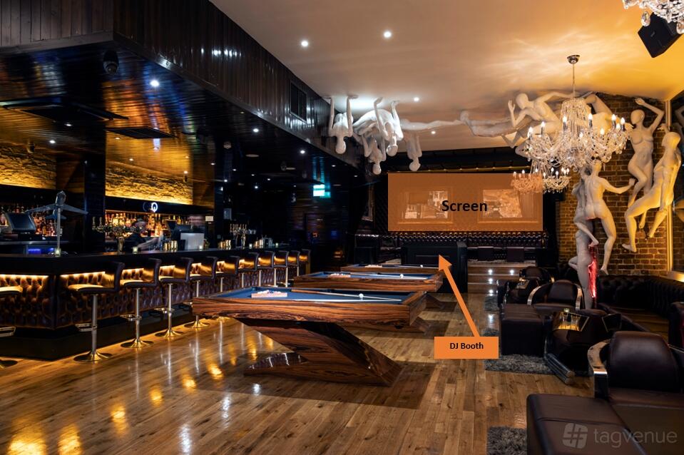 An event lounge with billiards tables, a bar with illuminated shelves, and sculpted ceiling decor at Q Shoreditch.