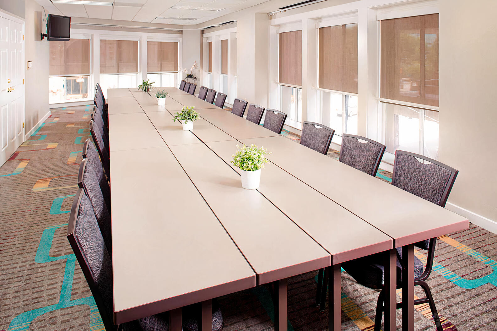 A hotel meeting room with a long rectangular conference table, natural lighting, and potted plants at Residence Inn Atlanta Downtown.