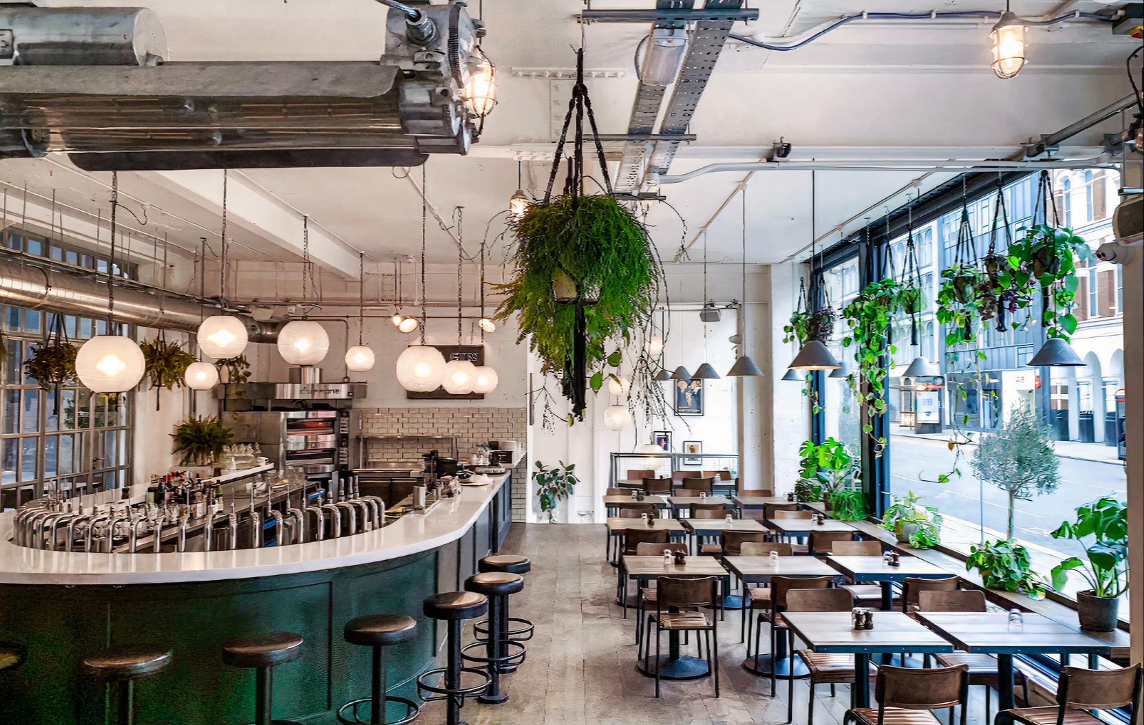 A restaurant with a curved marble bar, pendant globe lighting, and large windows with hanging plants at Fare Restaurant + Bar.