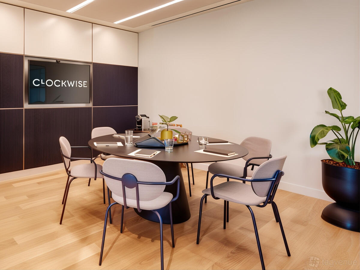 A meeting room with a round black table, beige chairs, potted plant, and wood floors at Clockwise Manchester.