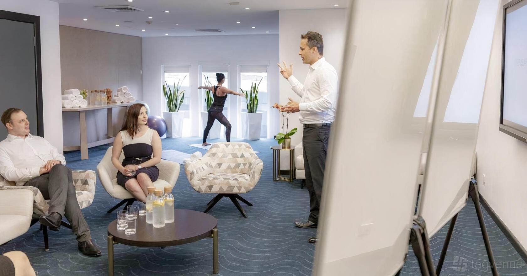 A hotel meeting room with armchairs, potted plants, a refreshment table, and natural light at Novotel Sydney Darling Square.