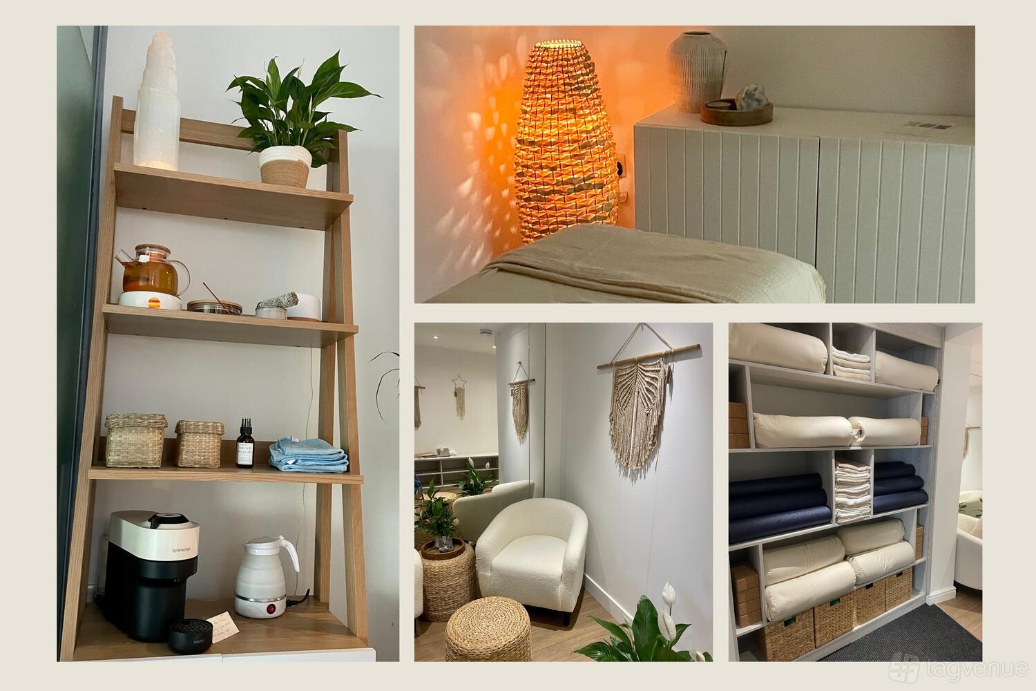 A yoga studio treatment room with woven baskets, rolled towels, rattan lamp, and wooden shelving at Shadwell Studio.