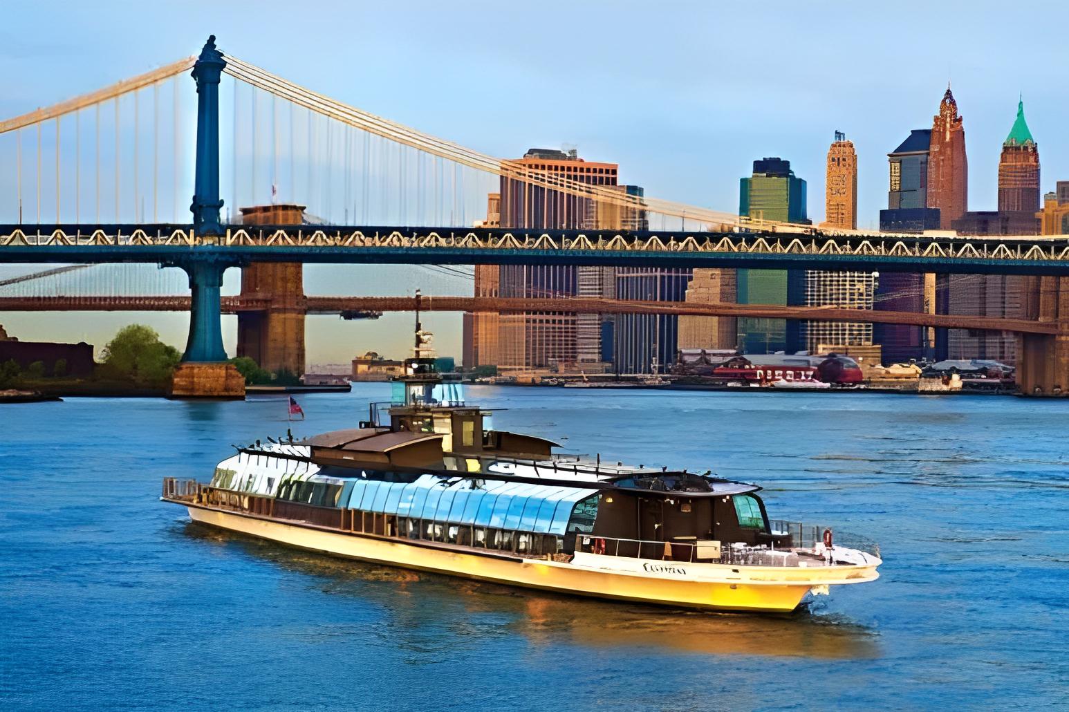 A glass-enclosed boat with a spacious deck cruising on the Hudson River near the Manhattan skyline at Lots Of Yachts/Lots Of Spots - New York.