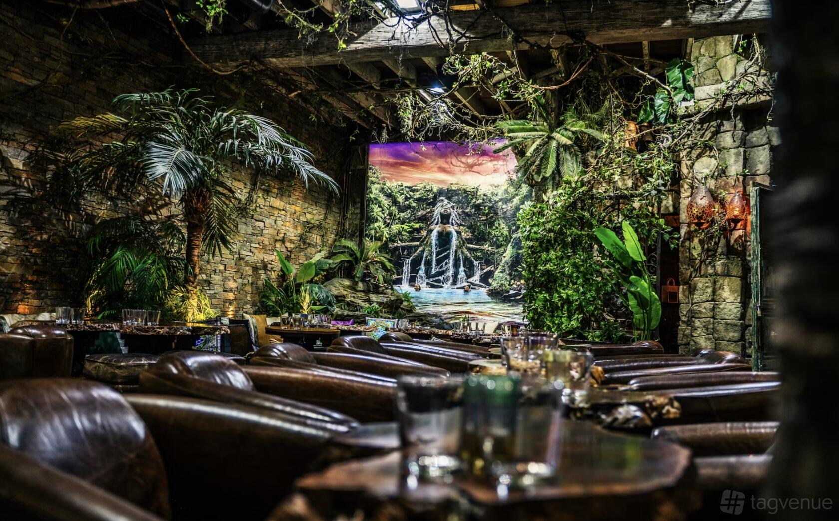 A cocktail bar with leather seating, stone walls, lush greenery, and a waterfall mural at Saga Bar Sydney.