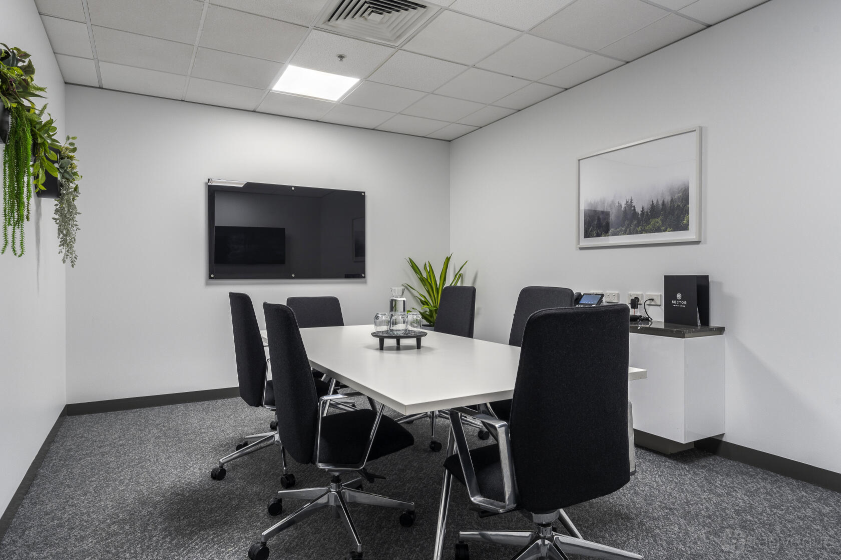 A meeting room with a rectangular table, six black office chairs, wall-mounted TV, and potted plants at Sector Serviced Offices - Wheelers Hill.