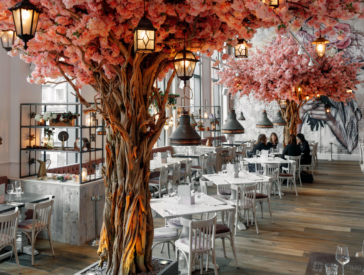 A restaurant with artificial cherry blossom trees, hanging lanterns, and white wooden tables at The Florist - Watford.