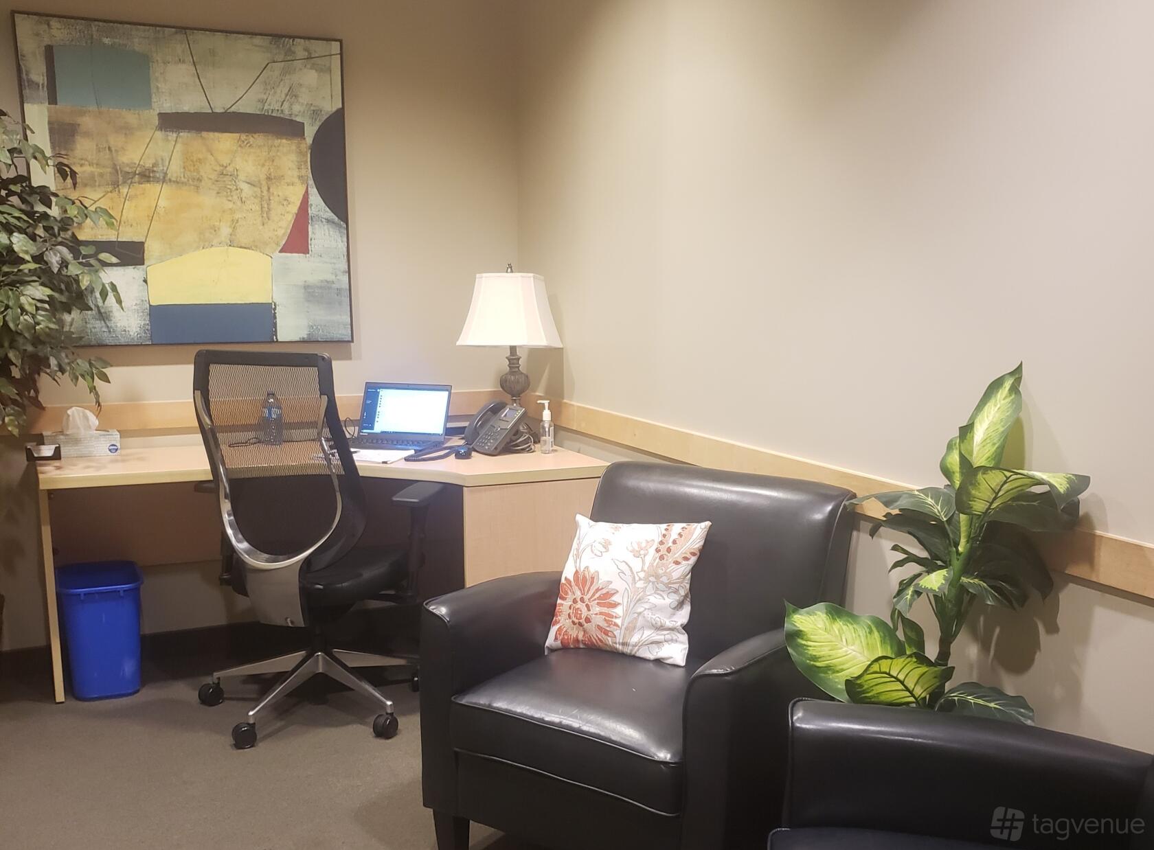 A therapy room with an armchair, decorative plant, desk with office chair, and table lamp at Intelligent Office - First Canadian Place.