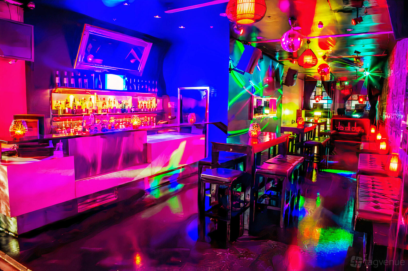 An event space with a long bar, colorful lighting, high tables, and stools in the Champagne Lounge at La Di Da.