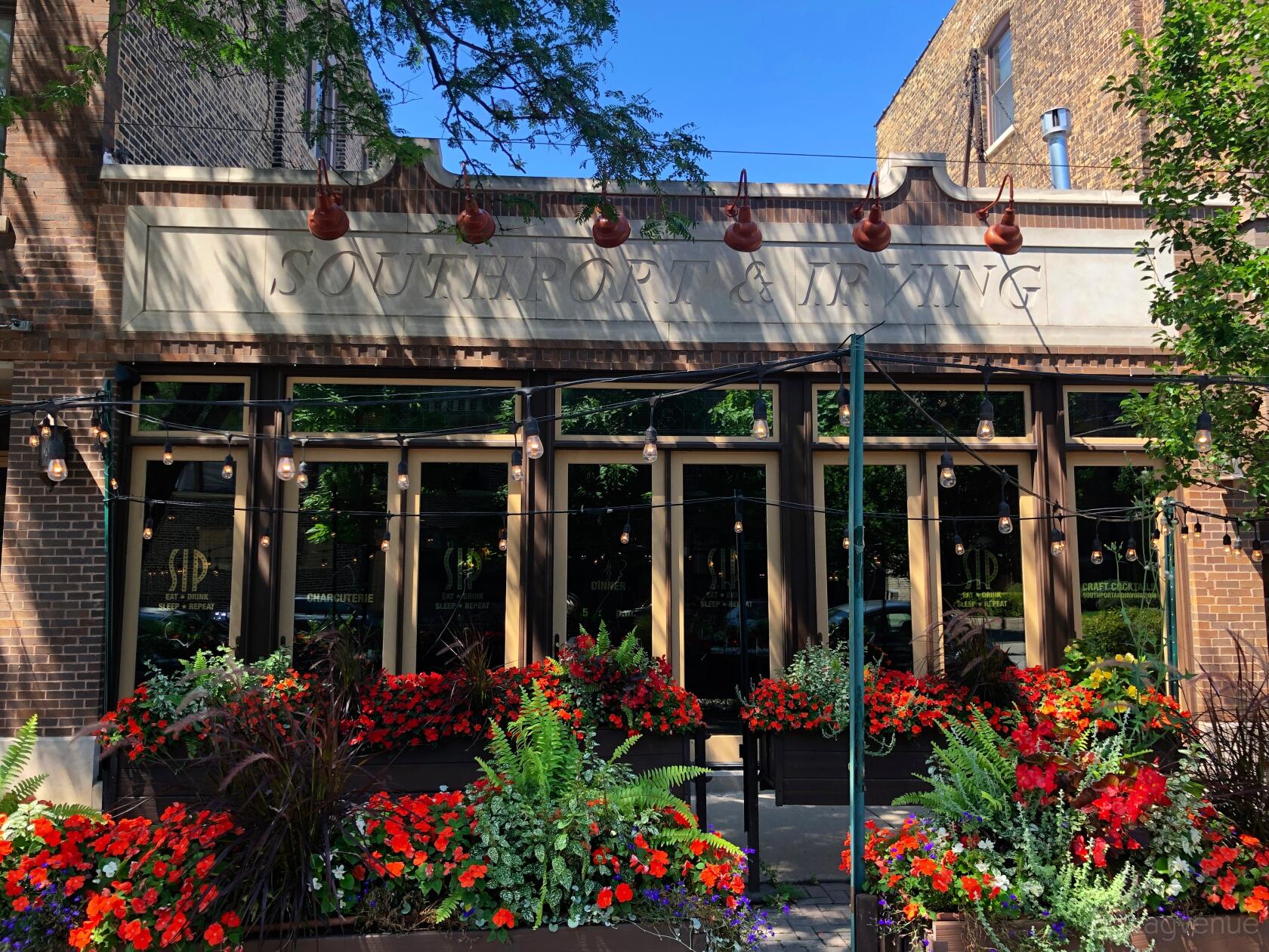 A pub with large front windows, lush planters with red flowers, and string lights at Port and Park Bistro.
