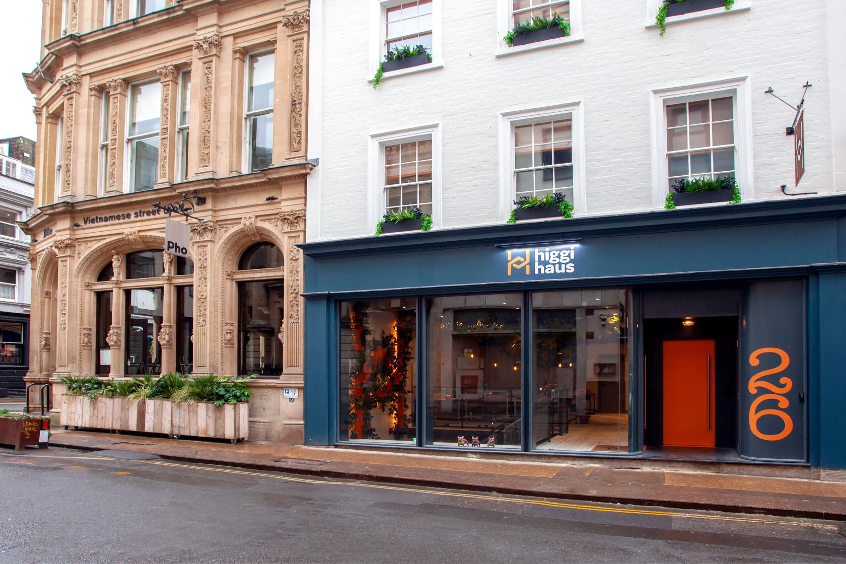 A coworking space with floor-to-ceiling windows and potted plants at HiggiHub.
