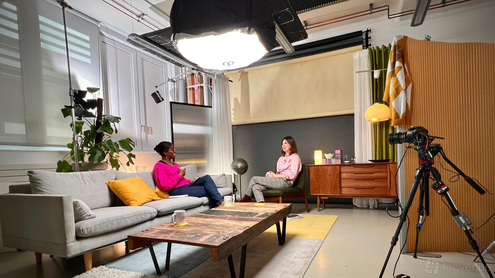 Wandsworth podcast studio room with chairs, camera and lighting