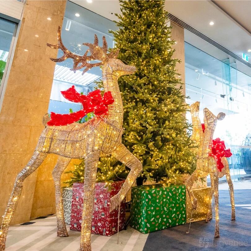 An event space with lit reindeer sculptures, a decorated Christmas tree, and wrapped gifts at Voco Hotel Brisbane City Centre.