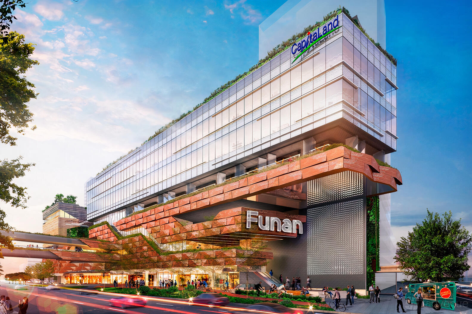 A modern building with large glass windows and rooftop greenery at Trehaus.