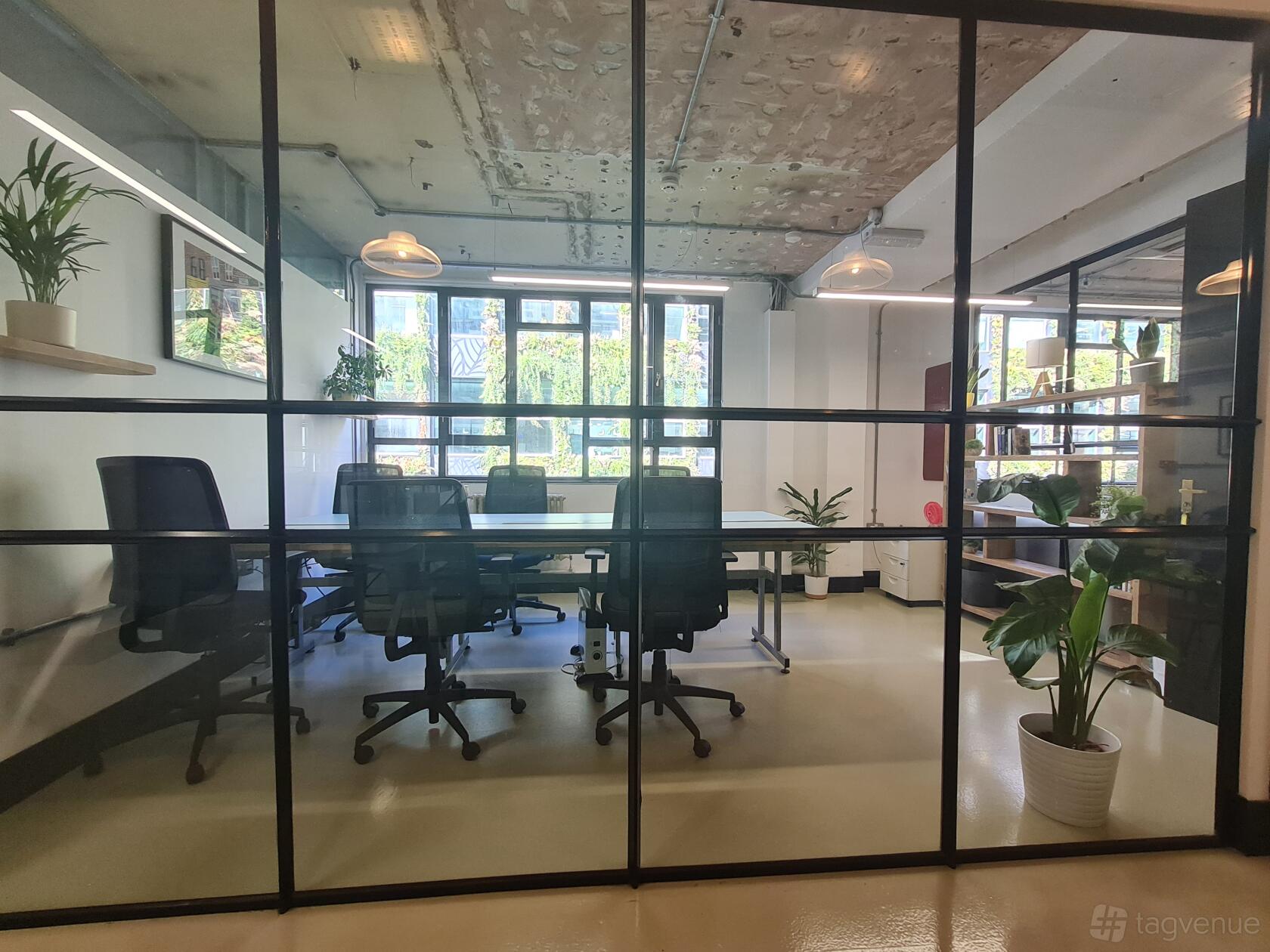 An office space with six ergonomic chairs, large windows, and potted plants at The Worker's League.