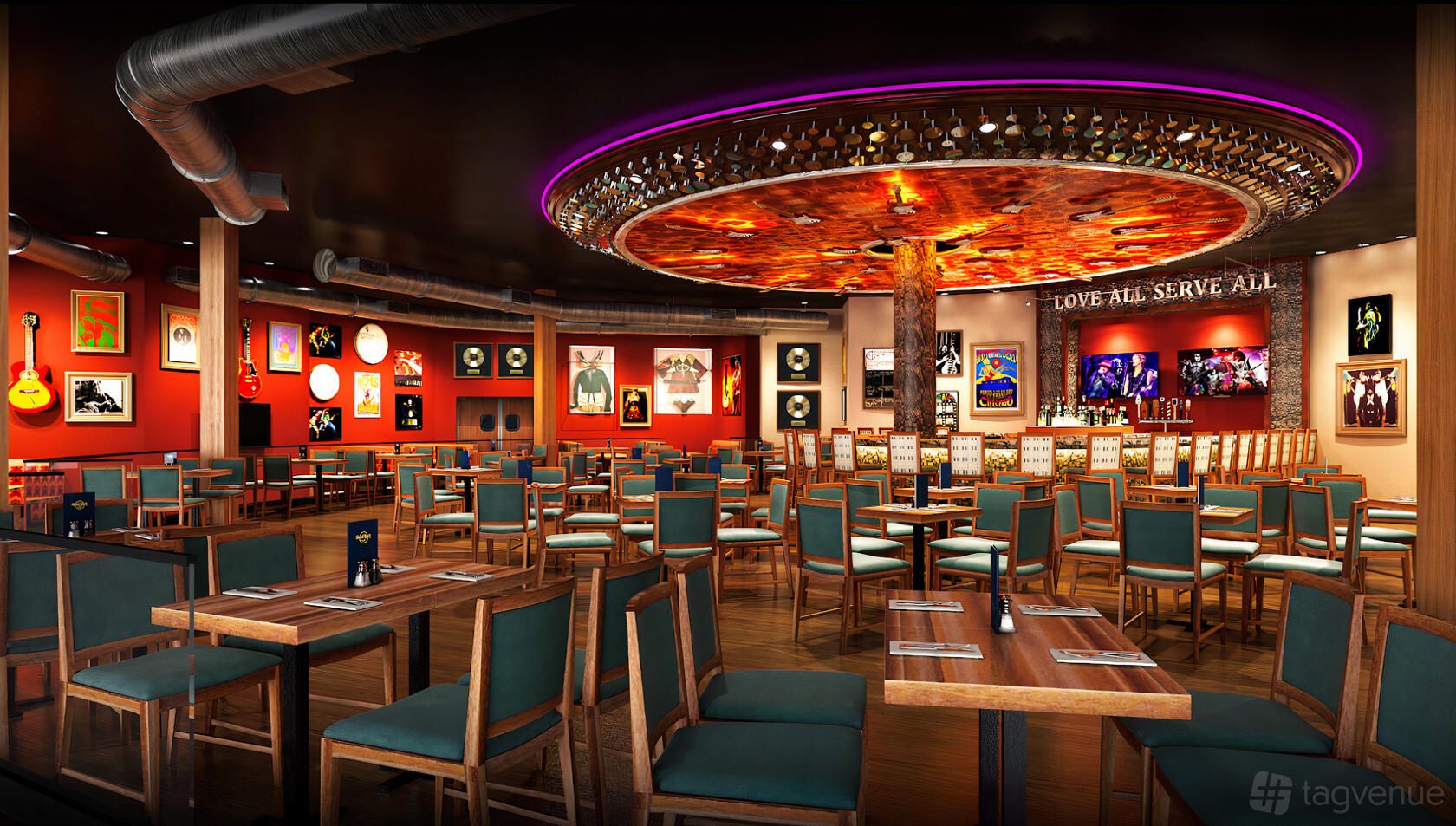 A restaurant with green cushioned chairs, wooden tables, and a large circular ceiling feature at HardRockCafe.