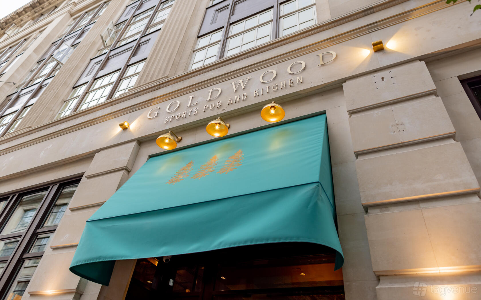 A pub exterior with a green entrance awning and gold signage above the doorway at Goldwood.