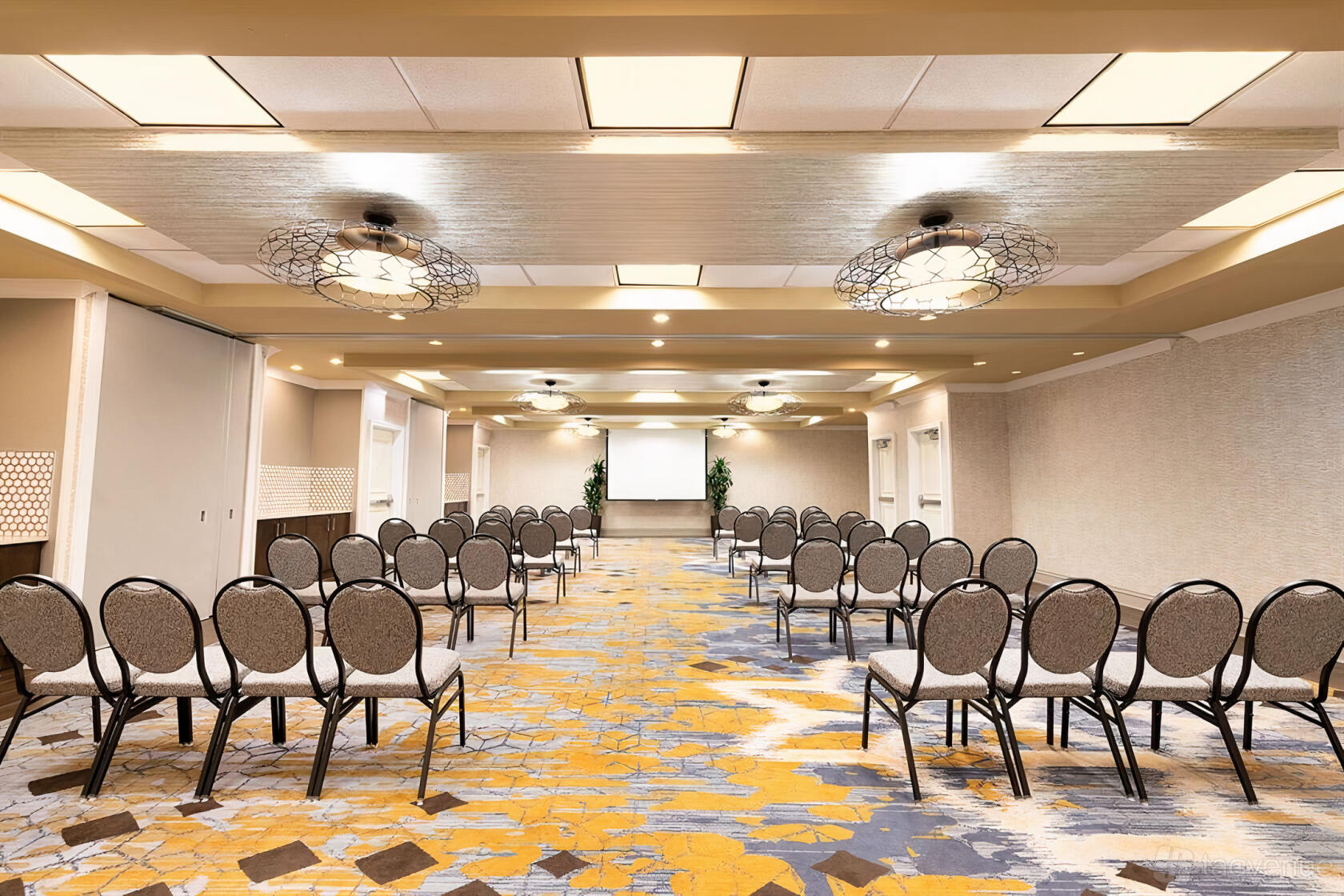 An event space with rows of chairs, patterned carpet, and ceiling lights at Sheraton Atlanta Perimeter North Hotel.