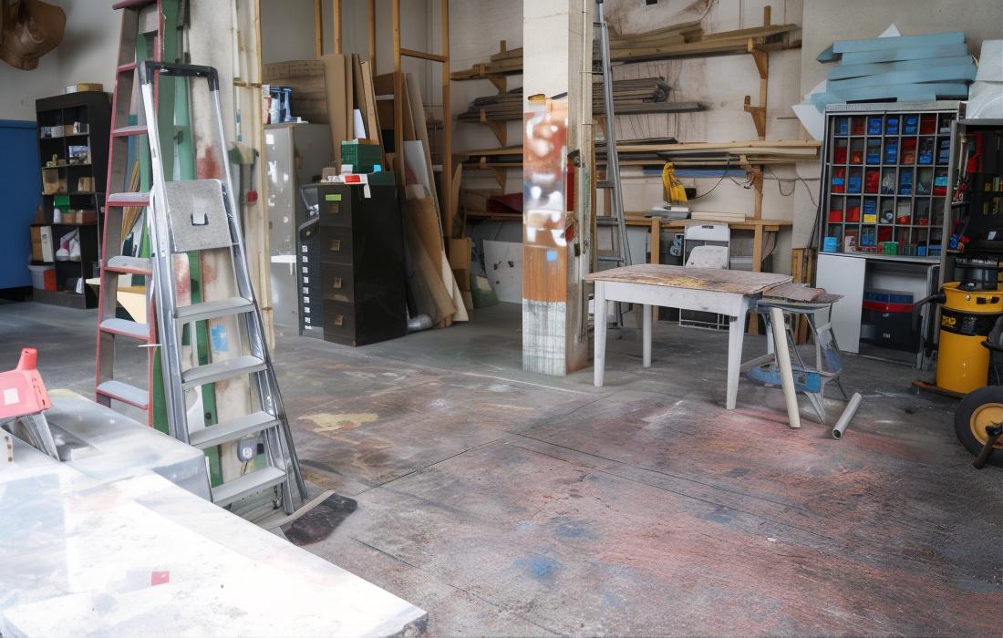 An art studio with paint-splattered floors, worktables, shelves with supplies, and tools at London Bubble Theatre.