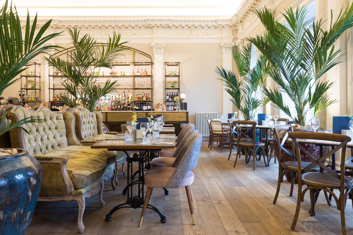 A cocktail bar in a restaurant with tufted velvet seating, wooden floors, and tall potted palms at The Lost and Found Leeds Club.