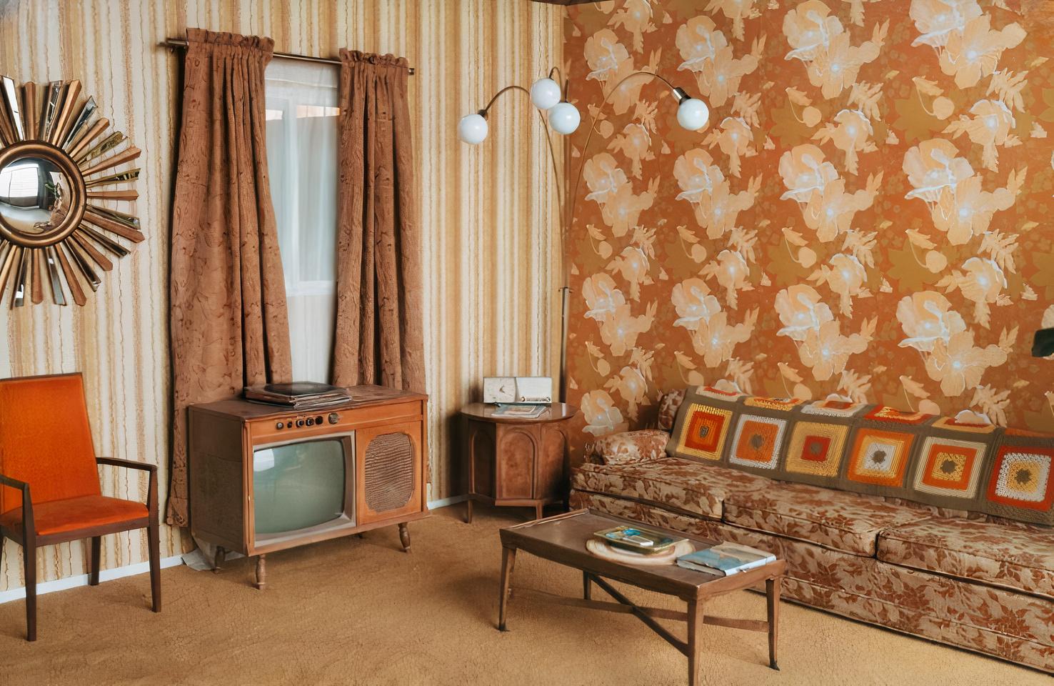 A photo studio with retro wallpaper, a vintage TV, patterned sofa, and sunburst mirror at Honeymoon Inn.