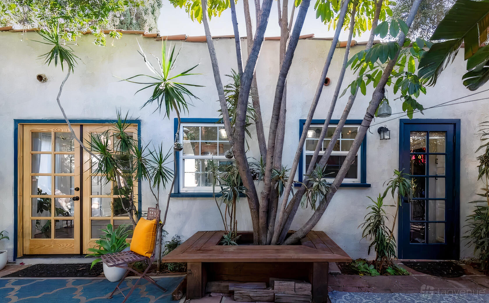 A penthouse courtyard with a large tree in a wooden planter, potted plants, and French doors at Bohemian House.