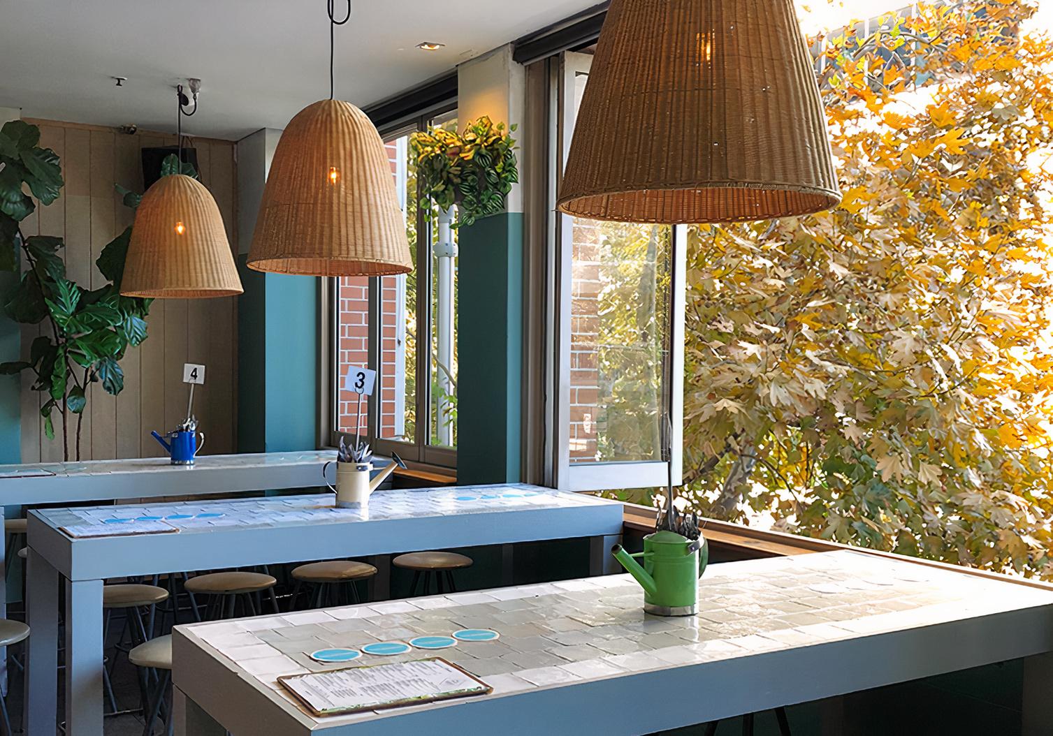 A bar in a hotel with tiled high tables, wicker pendant lights, and large windows overlooking leafy trees at Shelbourne Hotel.