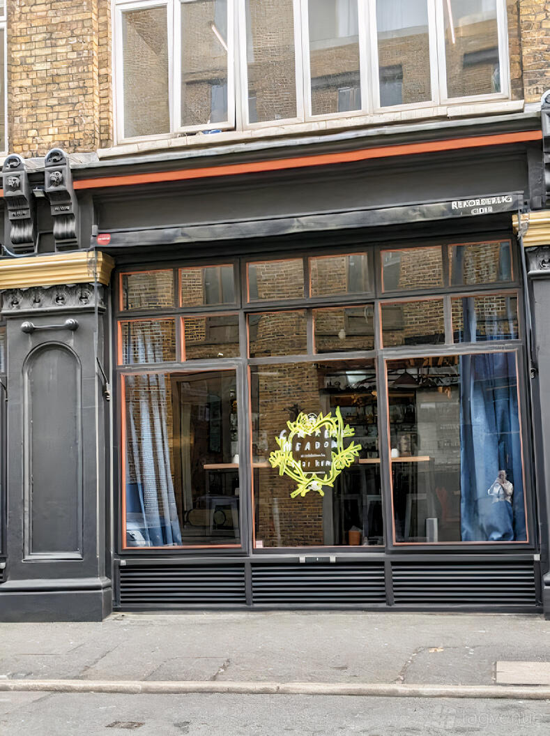 A pub with large street-facing windows, a decorative logo, and exposed brick reflected at The Book Club.
