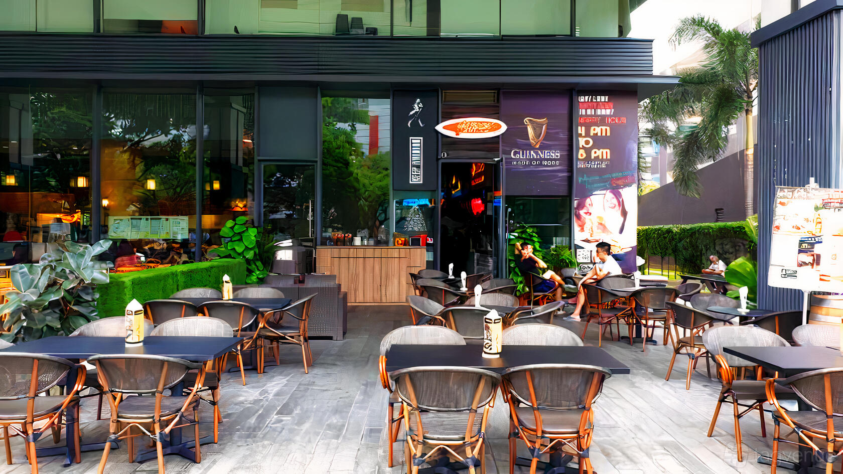 An outdoor restaurant terrace with round tables and black chairs on a wooden deck at Georges @ TS.