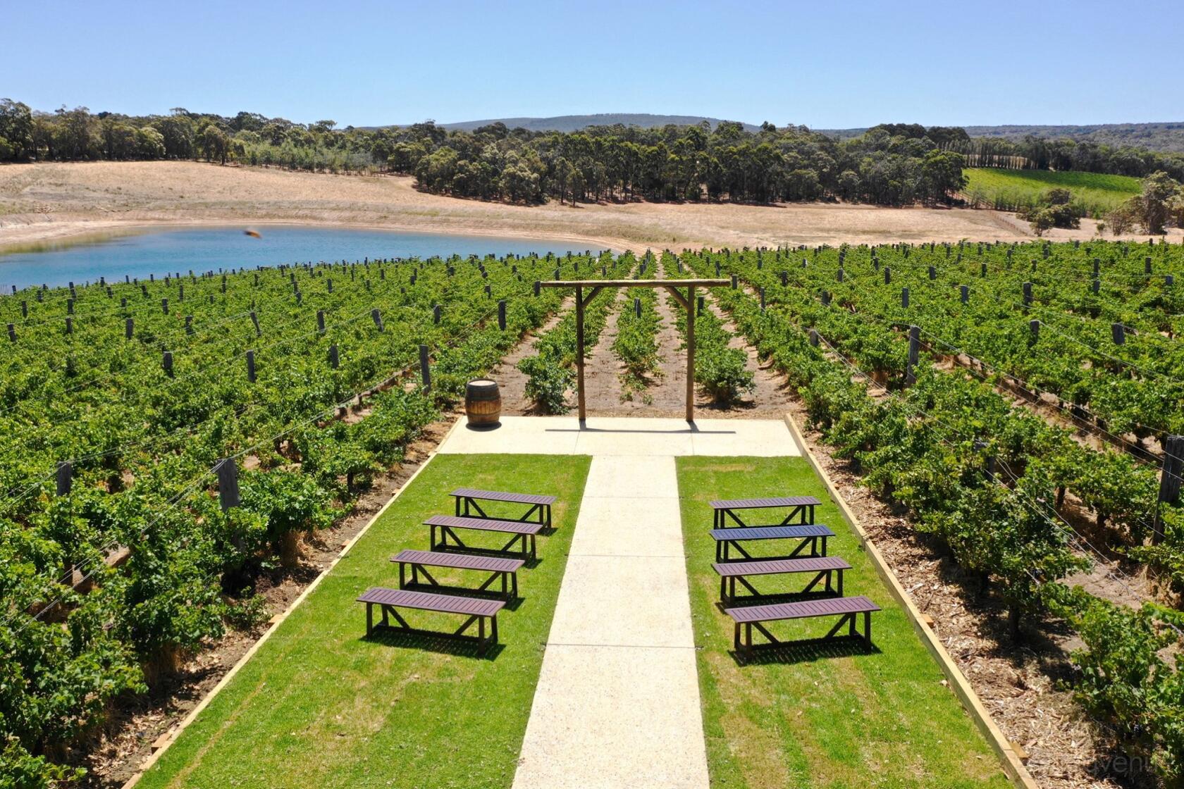 An open air venue with rows of grapevines, wooden benches, and a wooden arbor overlooking a lake at Swings and Roundabouts.