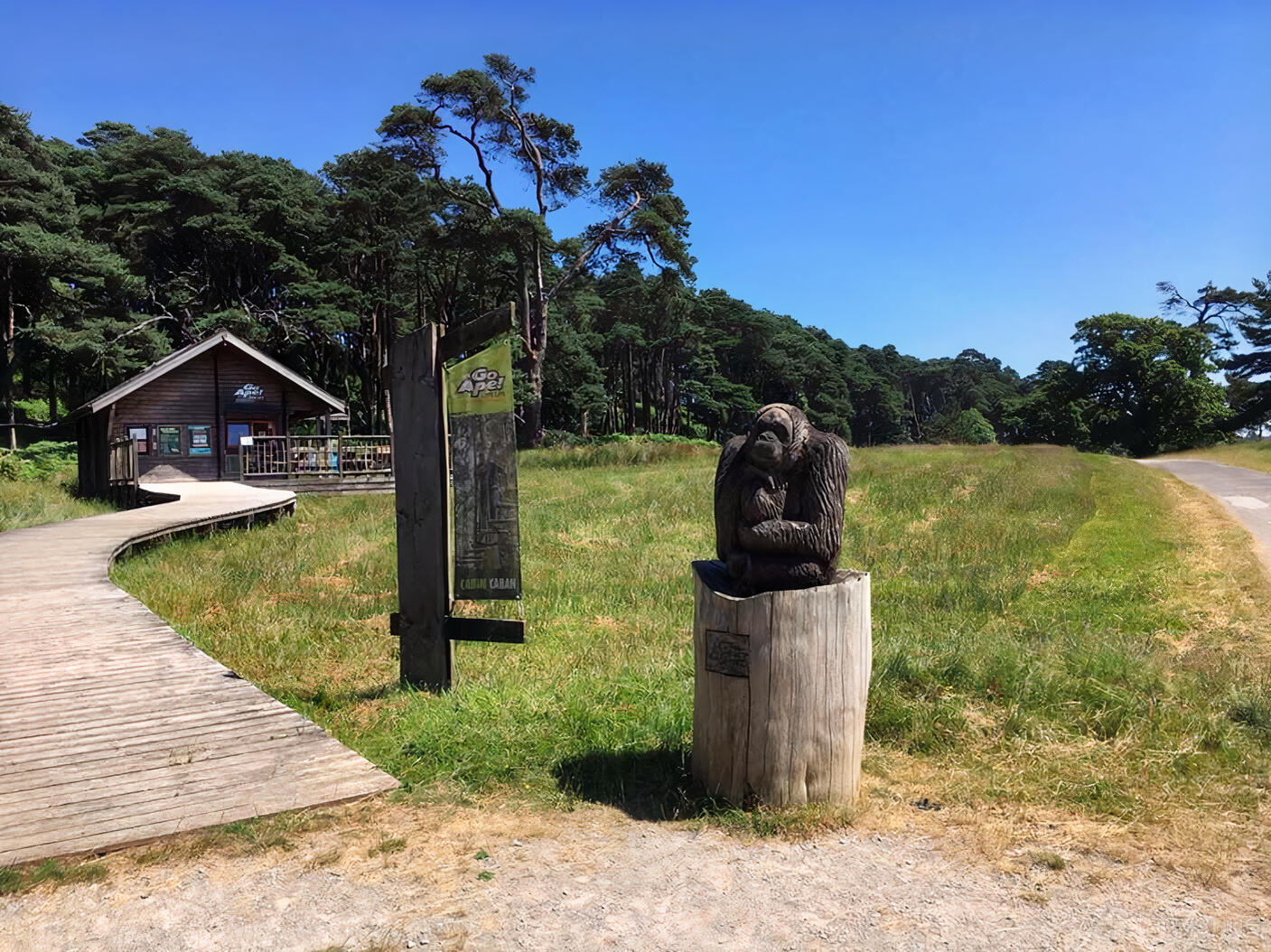 An outdoor venue with a wooden walkway, grassy field, forest backdrop, and wooden ape sculpture at Go Ape Margam.