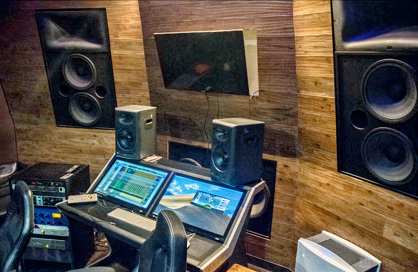 A recording studio with wood-paneled walls, dual monitor screens, and large in-wall speakers at Citrus Music Group.