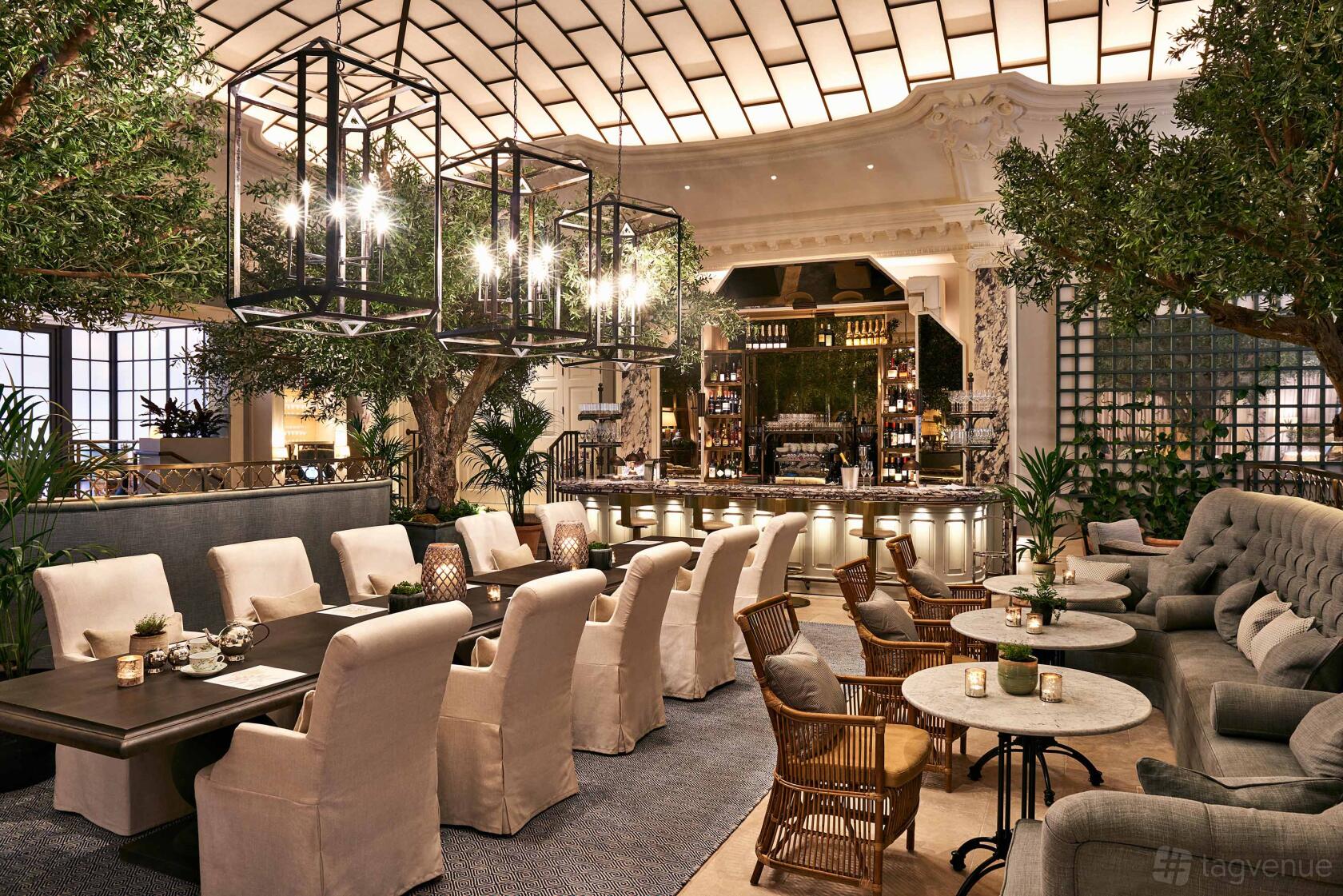 A hotel event space with indoor trees, cushioned chairs, and large lantern lights at Kimpton Fitzroy London Palm Court.