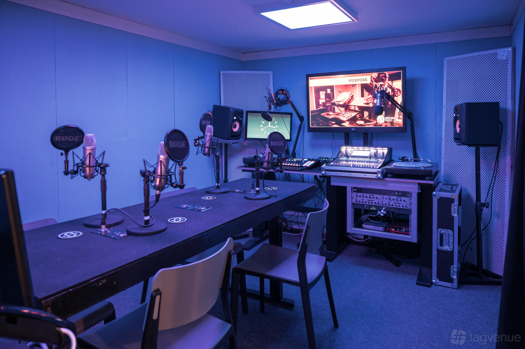 Reform Radio Studio 1 with podcast table, microphones and mixing equipment