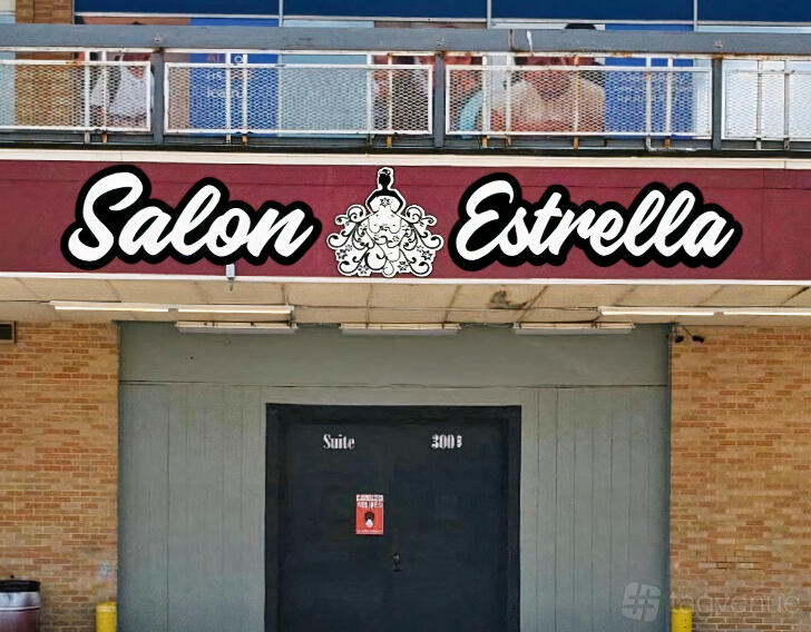 A hall entrance with a red and white 'Salon Estrella' sign above a brick facade at Tha Star Place.