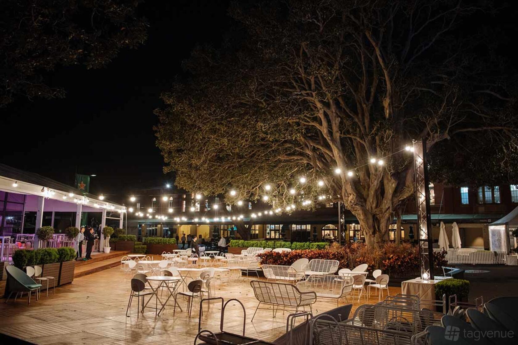 An outdoor event space with string lights, wire patio furniture, and a large tree at Australian Turf Club @ Royal Randwick.